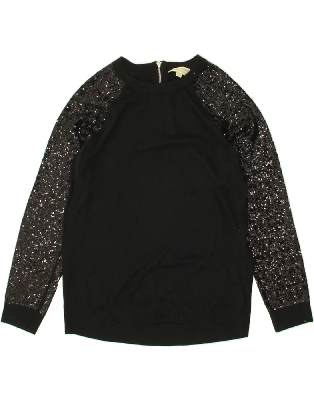 MICHAEL KORS Womens Crew Neck Jumper Sweater UK 16 Large Black Cotton Zippered Front Buttoned Front Snap Front MICHAEL KORS Womens Crew Neck Jumper Sweater UK 16 Large Black Cotton Zippered Front Buttoned Front Snap Front