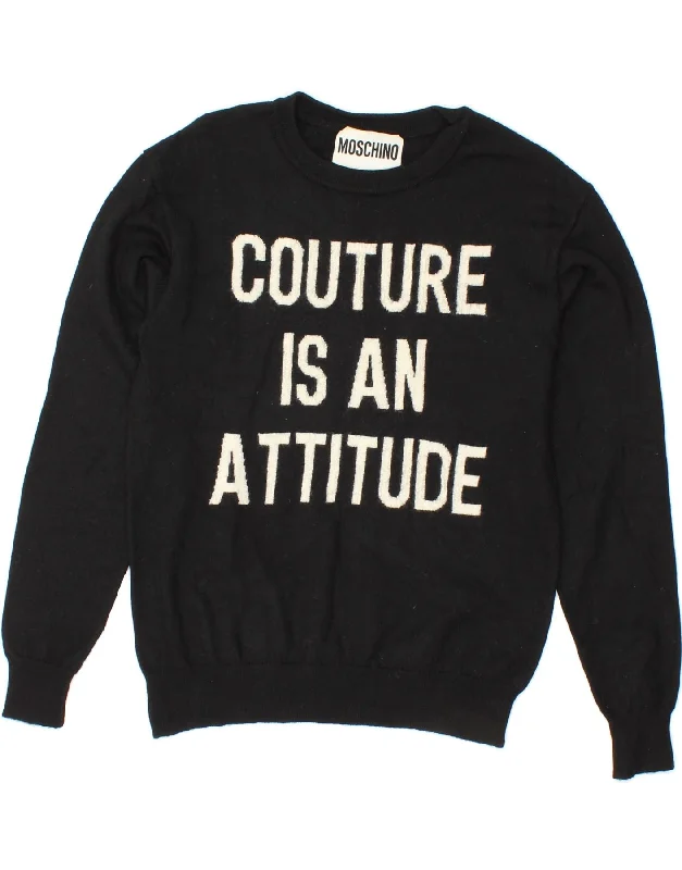 MOSCHINO Womens Graphic Crew Neck Jumper Sweater UK 6 XS Black Wool Satin Fabric Silk Fabric Chiffon Fabric MOSCHINO Womens Graphic Crew Neck Jumper Sweater UK 6 XS Black Wool Satin Fabric Silk Fabric Chiffon Fabric
