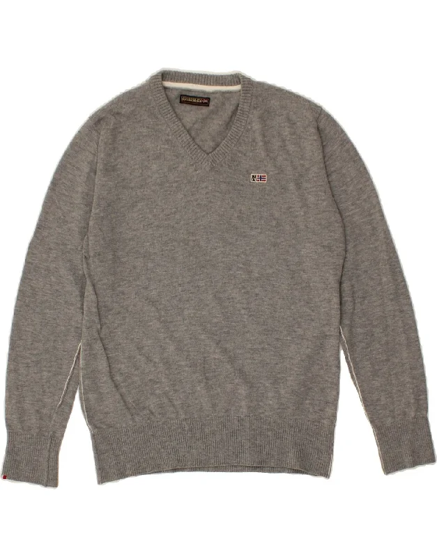 NAPAPIJRI Womens V-Neck Jumper Sweater UK 16 Large Grey Wool Boat Neck Shawl Collar Notched Collar NAPAPIJRI Womens V-Neck Jumper Sweater UK 16 Large Grey Wool Boat Neck Shawl Collar Notched Collar