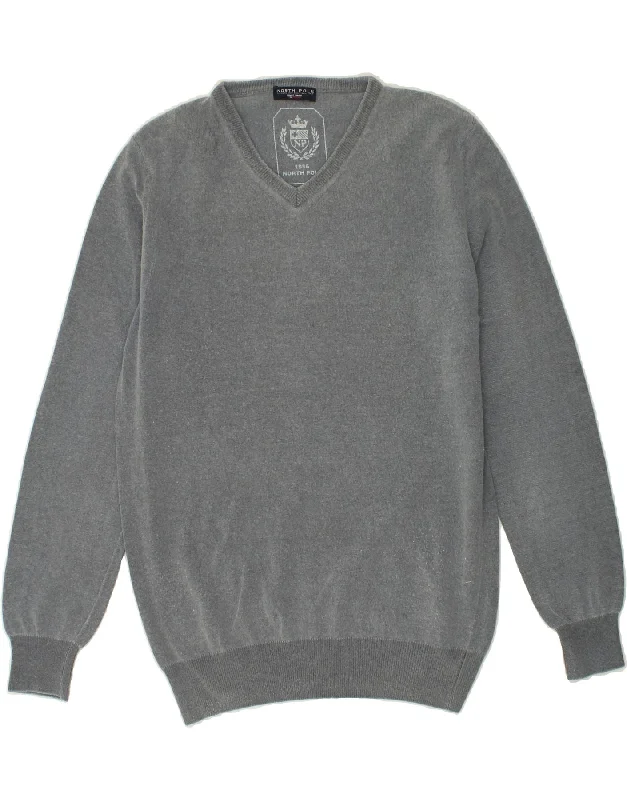 NORTH POLE Womens V-Neck Jumper Sweater XL Grey Striped Floral Plaid