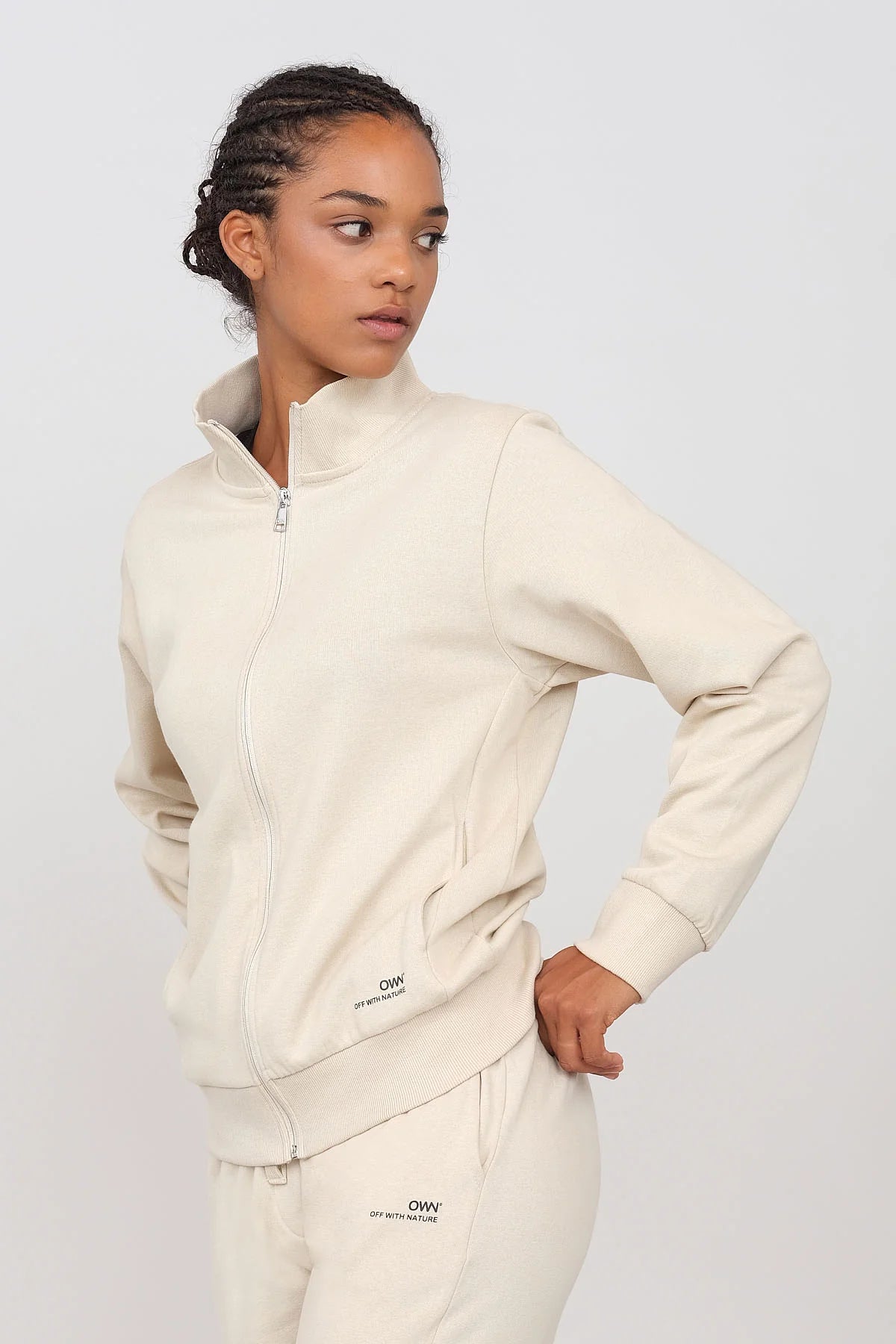 Gauzed Sweatshirt With A Zipper Ecru Hoodie with Crew Neck Simple Timeless