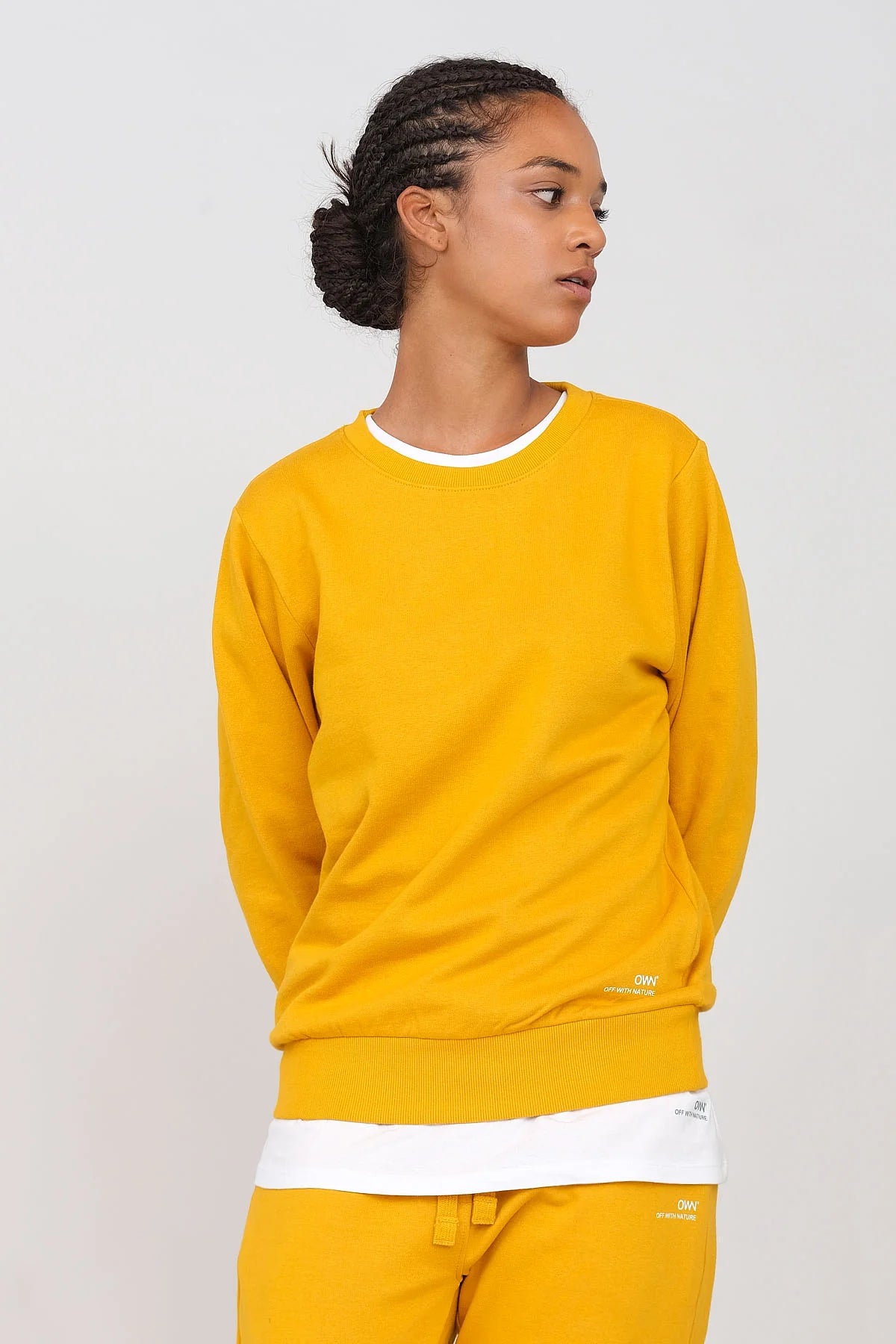 Women's Gauzed Crewneck Sweatshirt Ochre Hoodie with Metallic Shiny Futuristic
