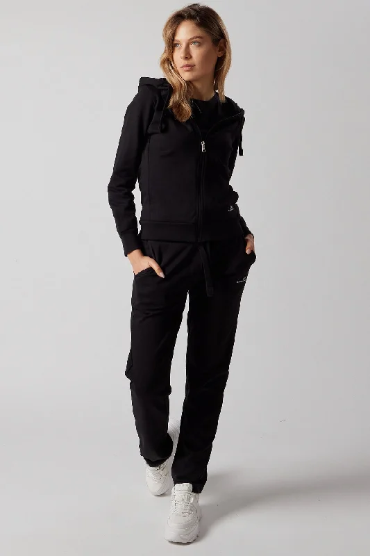 Women's Set With Zippered Hoodie And Joggers Black Hoodie with High-Low Hem Asymmetrical Trendy Women's Set With Zippered Hoodie And Joggers Black Hoodie with High-Low Hem Asymmetrical Trendy