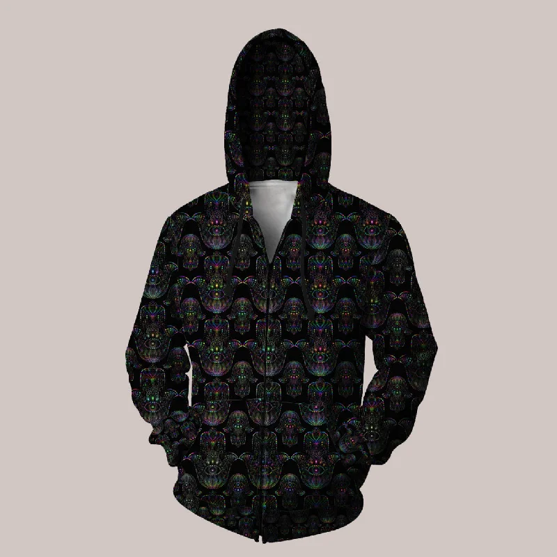 Psychedelic Hoodie (UV/RGB, Eco-Friendly, Unisex, Zip-Up) | HAMSA Hoodie with Rolled Sleeves Casual Relaxed Psychedelic Hoodie (UV/RGB, Eco-Friendly, Unisex, Zip-Up) | HAMSA Hoodie with Rolled Sleeves Casual Relaxed