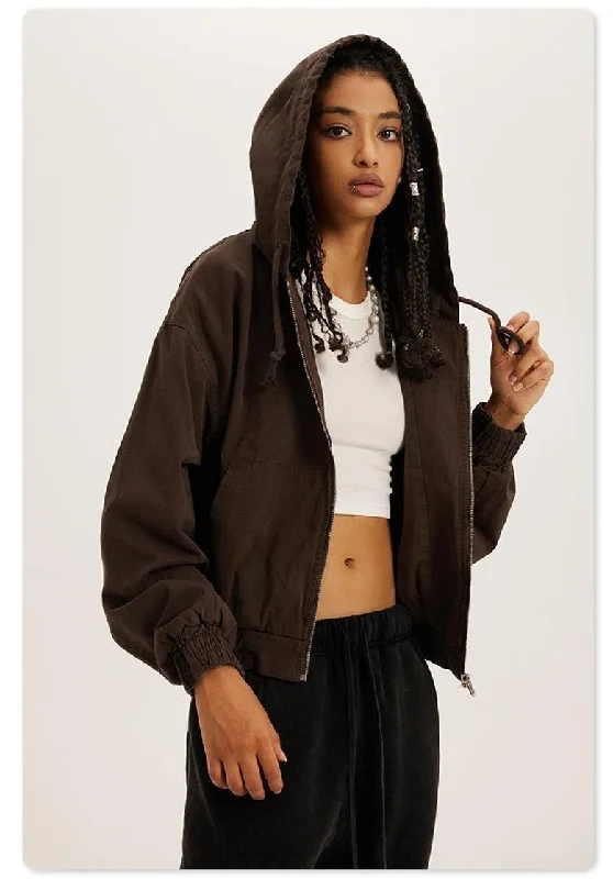Retro Zip-Up Hoodie Hoodie with Ribbed Hem Stretchable Secure