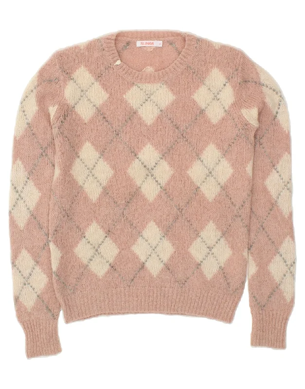 SUN68 Womens Crew Neck Jumper Sweater UK 10 Small Pink Argyle/Diamond Wool Toggled Drawstring Belted SUN68 Womens Crew Neck Jumper Sweater UK 10 Small Pink Argyle/Diamond Wool Toggled Drawstring Belted