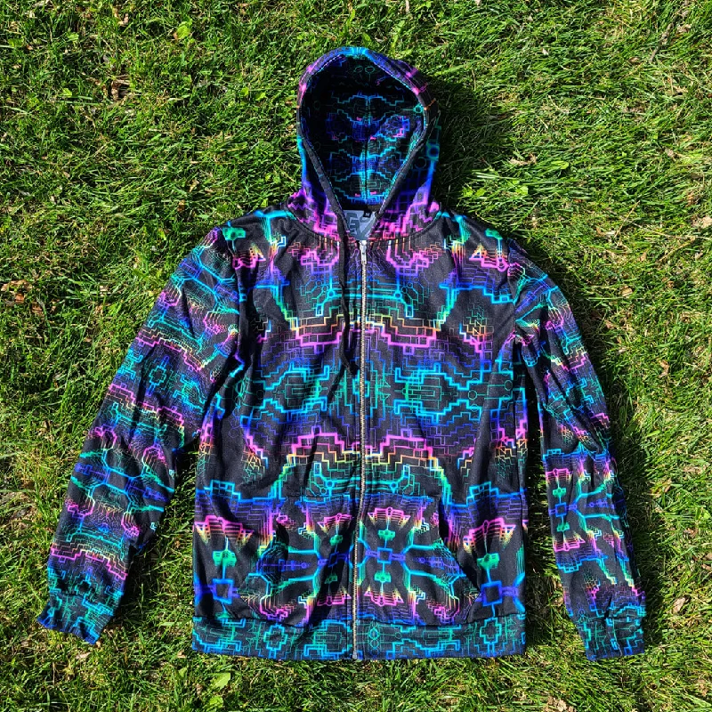 Techno Shamanic RGB Hoodie – Electric Tribal Psychedelic Art Hoodie with Button Placket Classic Preppy Techno Shamanic RGB Hoodie – Electric Tribal Psychedelic Art Hoodie with Button Placket Classic Preppy
