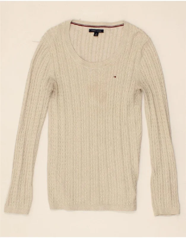 TOMMY HILFIGER Womens Boat Neck Jumper Sweater UK 12 Medium Gold Cotton Satin Blend Silk Blend Wool Blend TOMMY HILFIGER Womens Boat Neck Jumper Sweater UK 12 Medium Gold Cotton Satin Blend Silk Blend Wool Blend