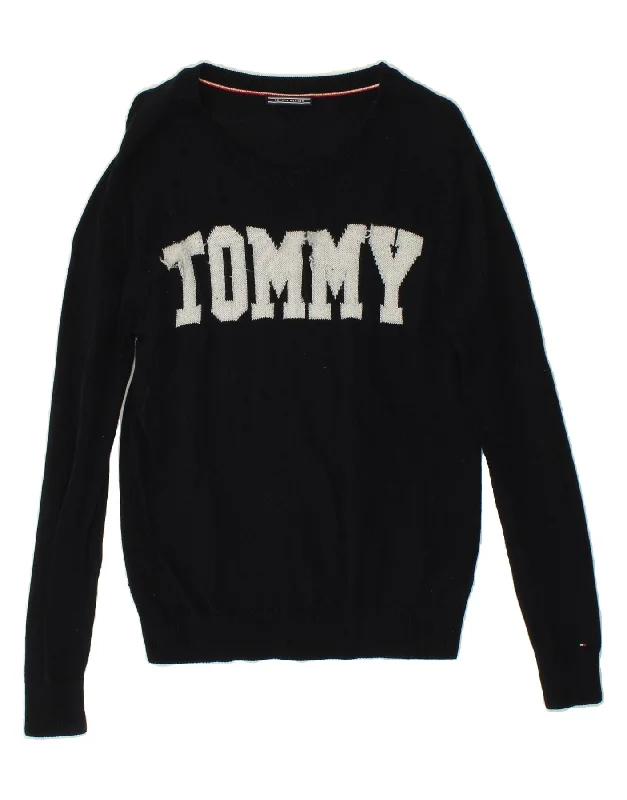 TOMMY HILFIGER Womens Boat Neck Jumper Sweater UK 14 Medium Navy Blue Neon Metallic Matte TOMMY HILFIGER Womens Boat Neck Jumper Sweater UK 14 Medium Navy Blue Neon Metallic Matte