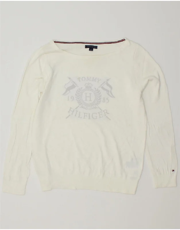 TOMMY HILFIGER Womens Graphic Boat Neck Jumper Sweater UK 14 Medium White Notch Collar Peter Pan Collar Cowl Neck