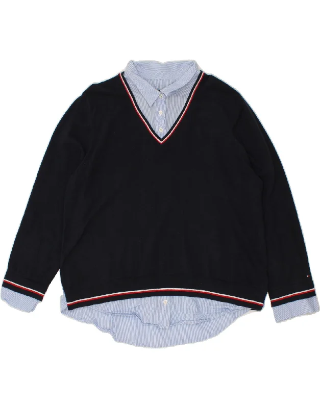 TOMMY HILFIGER Womens Tall V-Neck Jumper Sweater UK 20 2XL Navy Blue Faux Fur Fabric Real Fur Fabric Shearling Fabric TOMMY HILFIGER Womens Tall V-Neck Jumper Sweater UK 20 2XL Navy Blue Faux Fur Fabric Real Fur Fabric Shearling Fabric
