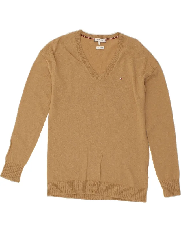 TOMMY HILFIGER Womens V-Neck Jumper Sweater UK 12 Medium Brown Wool Solid Print Embellished TOMMY HILFIGER Womens V-Neck Jumper Sweater UK 12 Medium Brown Wool Solid Print Embellished
