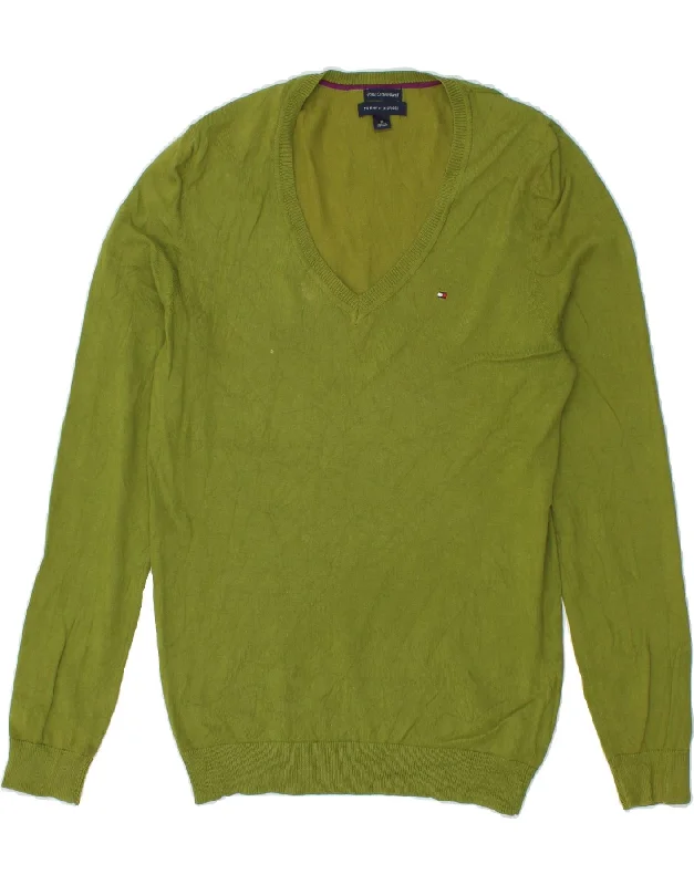 TOMMY HILFIGER Womens V-Neck Jumper Sweater UK 12 Medium Green Cotton Chenille Fabric Brocade Fabric Lace Fabric TOMMY HILFIGER Womens V-Neck Jumper Sweater UK 12 Medium Green Cotton Chenille Fabric Brocade Fabric Lace Fabric