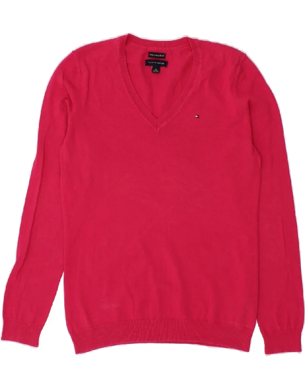 TOMMY HILFIGER Womens V-Neck Jumper Sweater UK 14 Medium Pink Cotton Cable Knit Ribbed Knit Lace Knit TOMMY HILFIGER Womens V-Neck Jumper Sweater UK 14 Medium Pink Cotton Cable Knit Ribbed Knit Lace Knit