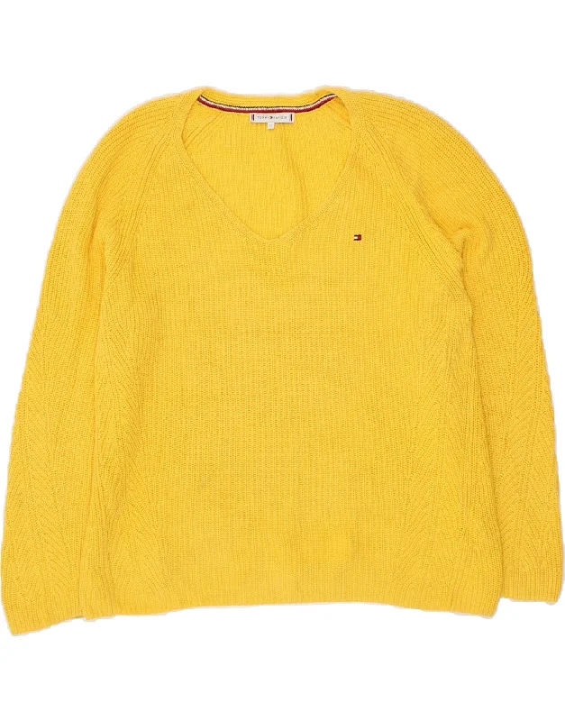 TOMMY HILFIGER Womens V-Neck Jumper Sweater UK 14 Medium Yellow Cotton Notch Collar Peter Pan Collar Cowl Neck TOMMY HILFIGER Womens V-Neck Jumper Sweater UK 14 Medium Yellow Cotton Notch Collar Peter Pan Collar Cowl Neck