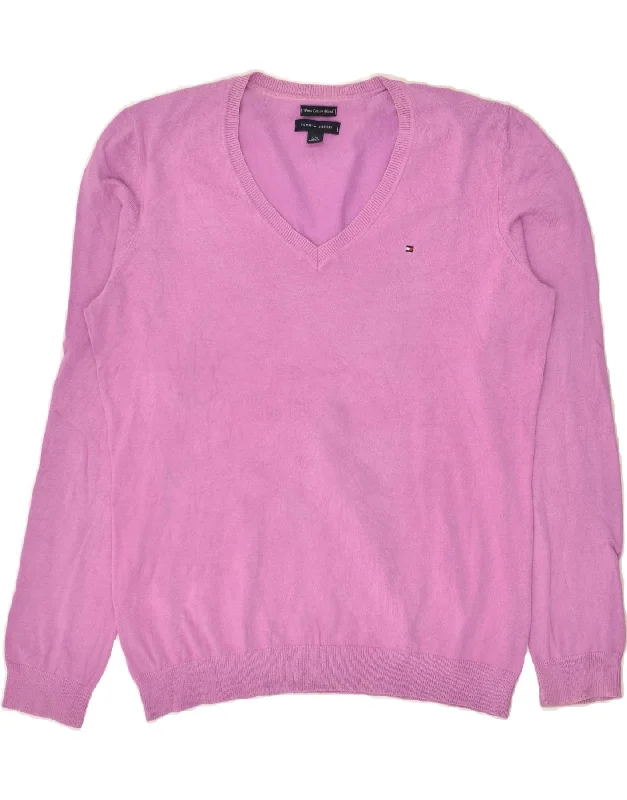 TOMMY HILFIGER Womens V-Neck Jumper Sweater UK 16 Large Pink Cotton Velvet Chenille Corduroy TOMMY HILFIGER Womens V-Neck Jumper Sweater UK 16 Large Pink Cotton Velvet Chenille Corduroy