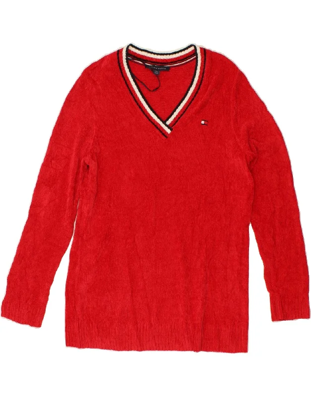 TOMMY HILFIGER Womens V-Neck Jumper Sweater UK 16 Large Red Viscose Ribbed Striped Patterned TOMMY HILFIGER Womens V-Neck Jumper Sweater UK 16 Large Red Viscose Ribbed Striped Patterned