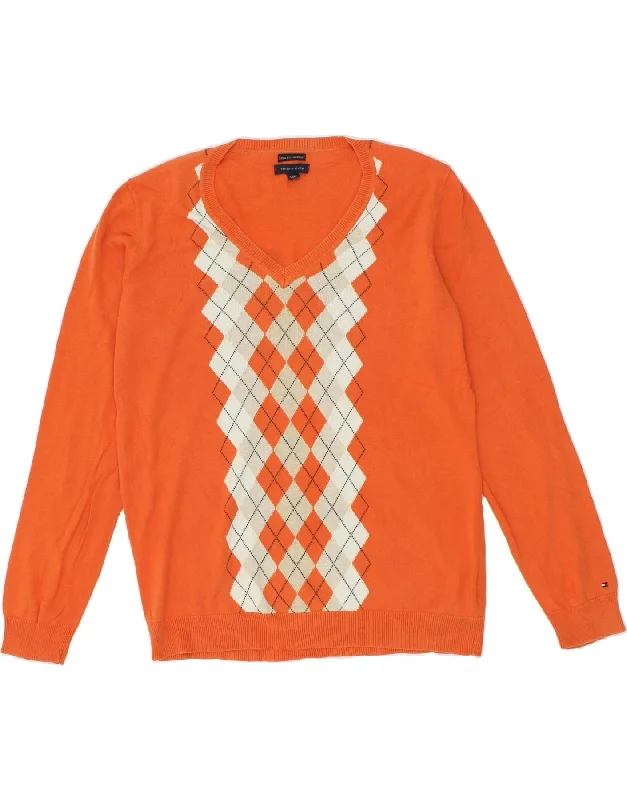 TOMMY HILFIGER Womens V-Neck Jumper Sweater UK 18 XL Orange Argyle/Diamond Knit Fabric Woven Fabric Fleece Fabric TOMMY HILFIGER Womens V-Neck Jumper Sweater UK 18 XL Orange Argyle/Diamond Knit Fabric Woven Fabric Fleece Fabric