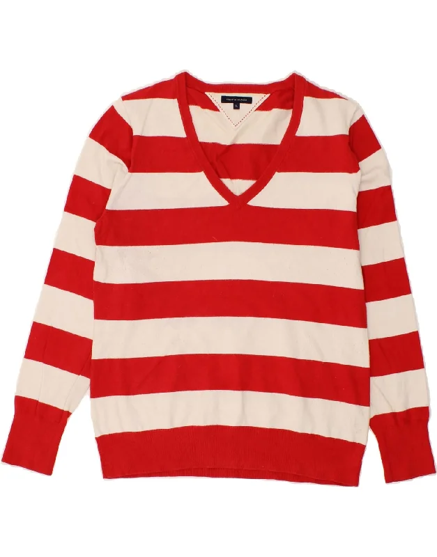 TOMMY HILFIGER Womens V-Neck Jumper Sweater UK 18 XL Red Striped Cotton Long Sweater Short Sweater Cropped Sweater TOMMY HILFIGER Womens V-Neck Jumper Sweater UK 18 XL Red Striped Cotton Long Sweater Short Sweater Cropped Sweater
