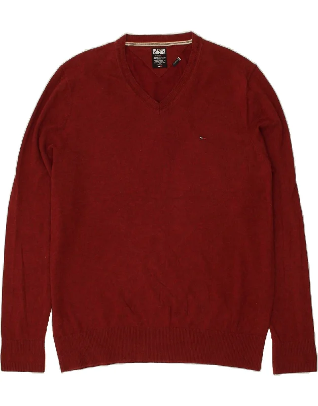 TOMMY HILFIGER Womens V-Neck Jumper Sweater UK 20 2XL Burgundy Cotton Zippered Front Buttoned Front Snap Front TOMMY HILFIGER Womens V-Neck Jumper Sweater UK 20 2XL Burgundy Cotton Zippered Front Buttoned Front Snap Front