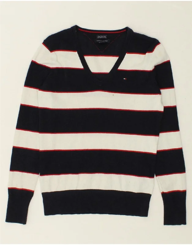 TOMMY HILFIGER Womens V-Neck Jumper Sweater UK 6 XS Black Striped Cotton Sequined Glittery Shiny TOMMY HILFIGER Womens V-Neck Jumper Sweater UK 6 XS Black Striped Cotton Sequined Glittery Shiny