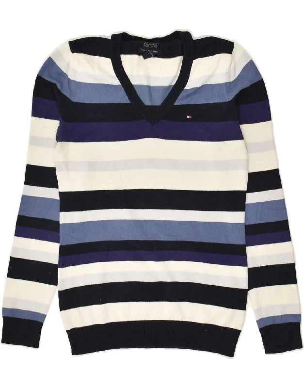 TOMMY HILFIGER Womens V-Neck Jumper Sweater UK 6 XS Navy Blue Striped Glossy Satin Silk TOMMY HILFIGER Womens V-Neck Jumper Sweater UK 6 XS Navy Blue Striped Glossy Satin Silk