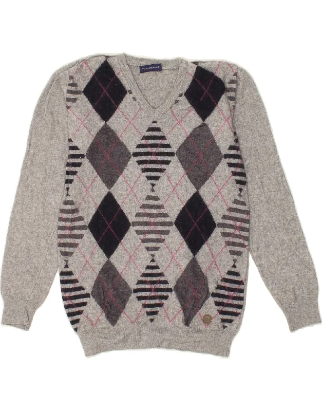 TRUSSARDI JEANS Womens V-Neck Jumper Sweater UK 18 XL Grey Argyle/Diamond Chenille Blend Fleece Blend Nylon Blend TRUSSARDI JEANS Womens V-Neck Jumper Sweater UK 18 XL Grey Argyle/Diamond Chenille Blend Fleece Blend Nylon Blend