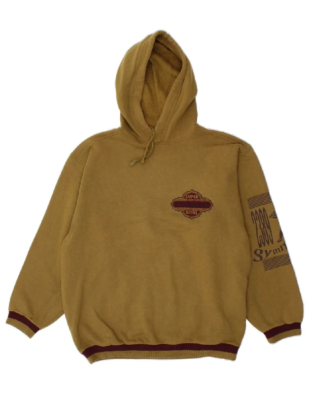 VINTAGE Mens Graphic Hoodie Jumper Medium Khaki Hoodie with Relaxed Fit Easy Casual