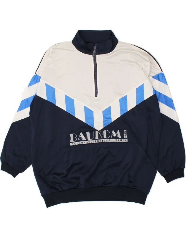 VINTAGE Mens Zip Neck Sweatshirt Jumper 2XL Navy Blue Colourblock Hoodie with Distressed Vintage Worn VINTAGE Mens Zip Neck Sweatshirt Jumper 2XL Navy Blue Colourblock Hoodie with Distressed Vintage Worn