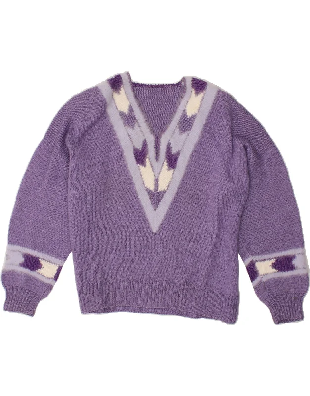 VINTAGE Womens Abstract Pattern V-Neck Jumper Sweater UK 16 Large Purple Terry Terry Cloth Terry Knit