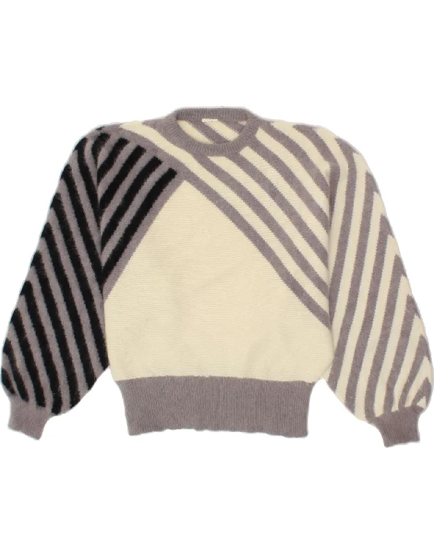 VINTAGE Womens Batwing Crew Neck Jumper Sweater UK 14 Medium Beige Striped Embroidered Appliqued Beaded VINTAGE Womens Batwing Crew Neck Jumper Sweater UK 14 Medium Beige Striped Embroidered Appliqued Beaded