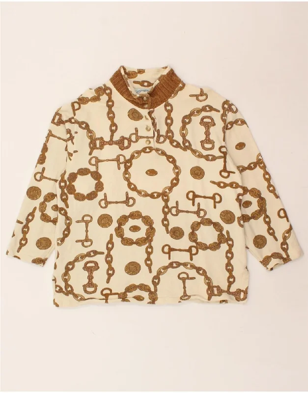 VINTAGE Womens Button Neck Jumper Sweater UK 14 Medium Beige Geometric Boat Neck Shawl Collar Notched Collar VINTAGE Womens Button Neck Jumper Sweater UK 14 Medium Beige Geometric Boat Neck Shawl Collar Notched Collar