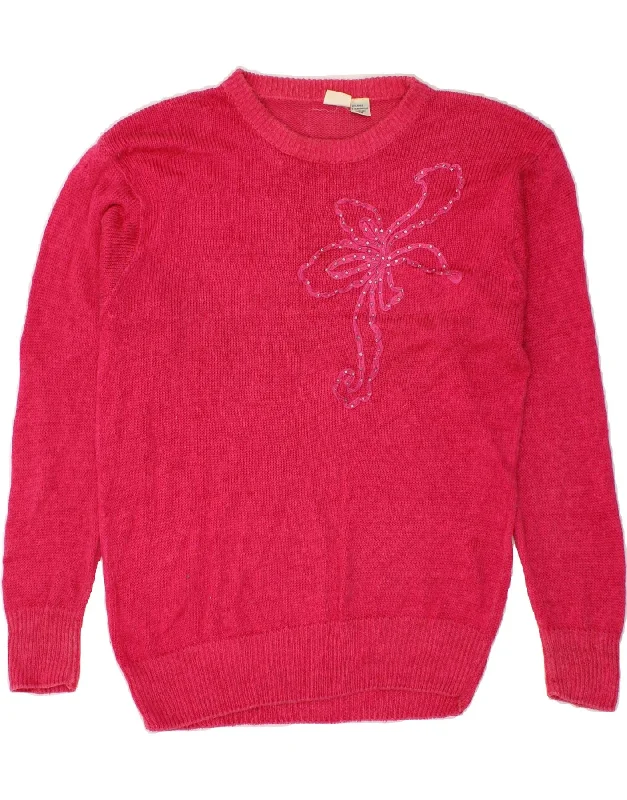 VINTAGE Womens Crew Neck Jumper Sweater IT 44 Medium Pink Floral Ramie High Neck Crew Neck V-Neck VINTAGE Womens Crew Neck Jumper Sweater IT 44 Medium Pink Floral Ramie High Neck Crew Neck V-Neck