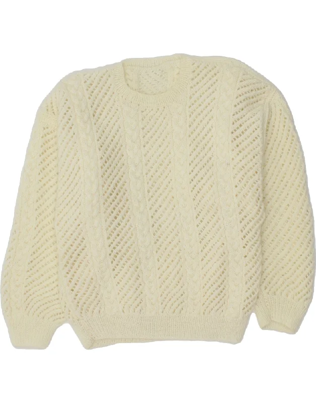 VINTAGE Womens Crew Neck Jumper Sweater UK 12 Medium Off White Mesh Blend Leather Blend Suede Blend VINTAGE Womens Crew Neck Jumper Sweater UK 12 Medium Off White Mesh Blend Leather Blend Suede Blend