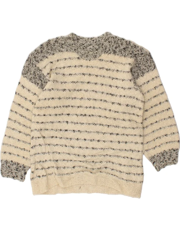 VINTAGE Womens Crew Neck Jumper Sweater UK 14 Large Beige Striped Beaded Sweater Sequined Faux Fur VINTAGE Womens Crew Neck Jumper Sweater UK 14 Large Beige Striped Beaded Sweater Sequined Faux Fur