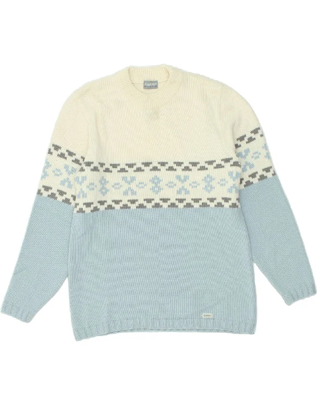 VINTAGE Womens Crew Neck Jumper Sweater UK 14 Large Blue Colourblock Wool Chenille Blend Fleece Blend Nylon Blend VINTAGE Womens Crew Neck Jumper Sweater UK 14 Large Blue Colourblock Wool Chenille Blend Fleece Blend Nylon Blend