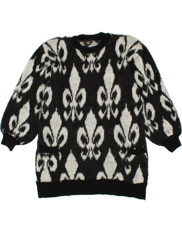 VINTAGE Womens Crew Neck Jumper Sweater UK 14 Medium Black Ikat Fitted Slim Tailored VINTAGE Womens Crew Neck Jumper Sweater UK 14 Medium Black Ikat Fitted Slim Tailored