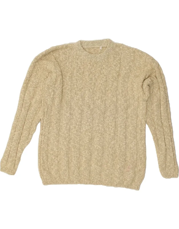 VINTAGE Womens Crew Neck Jumper Sweater UK 16 Large Beige Striped Mesh Blend Leather Blend Suede Blend VINTAGE Womens Crew Neck Jumper Sweater UK 16 Large Beige Striped Mesh Blend Leather Blend Suede Blend