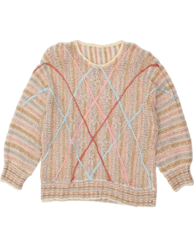 VINTAGE Womens Crew Neck Jumper Sweater UK 18 XL Beige Floral Notch Collar Peter Pan Collar Cowl Neck VINTAGE Womens Crew Neck Jumper Sweater UK 18 XL Beige Floral Notch Collar Peter Pan Collar Cowl Neck