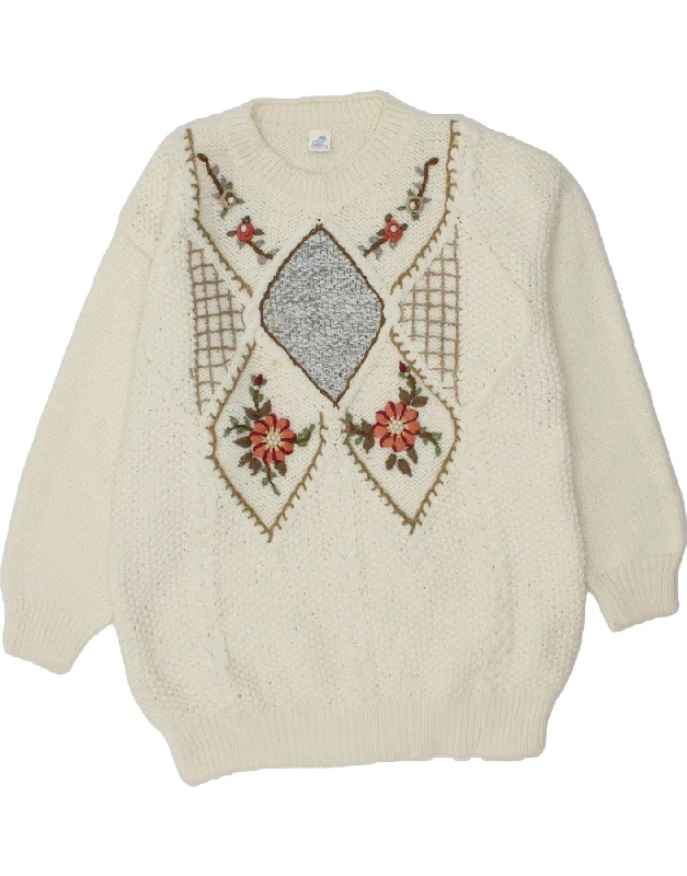 VINTAGE Womens Crew Neck Jumper Sweater UK 18 XL Off White Floral Acrylic Terry Blend Velvet Blend Canvas Blend VINTAGE Womens Crew Neck Jumper Sweater UK 18 XL Off White Floral Acrylic Terry Blend Velvet Blend Canvas Blend