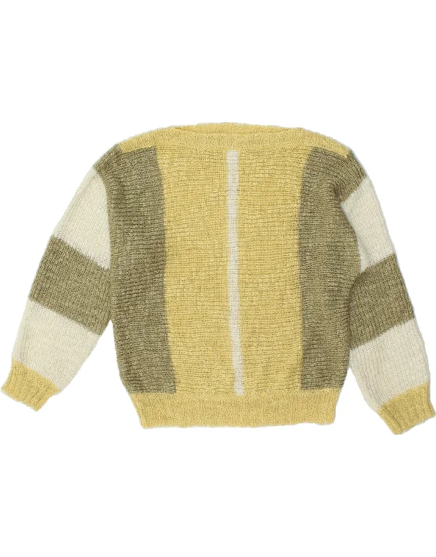 VINTAGE Womens Crop Boat Neck Jumper Sweater UK 10 Small Yellow Cashmere Blend Cotton Blend Poly Blend