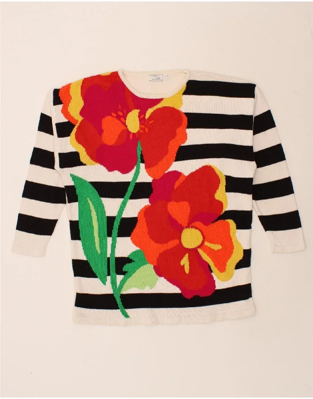 VINTAGE Womens Graphic Boat Neck Jumper Sweater UK 14 Medium Multicoloured Solid Color Striped Floral Print VINTAGE Womens Graphic Boat Neck Jumper Sweater UK 14 Medium Multicoloured Solid Color Striped Floral Print