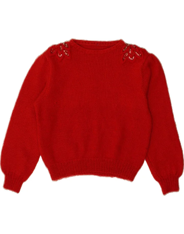 VINTAGE Womens Graphic Boat Neck Jumper Sweater UK 14 Medium Red Floral Striped Floral Plaid VINTAGE Womens Graphic Boat Neck Jumper Sweater UK 14 Medium Red Floral Striped Floral Plaid