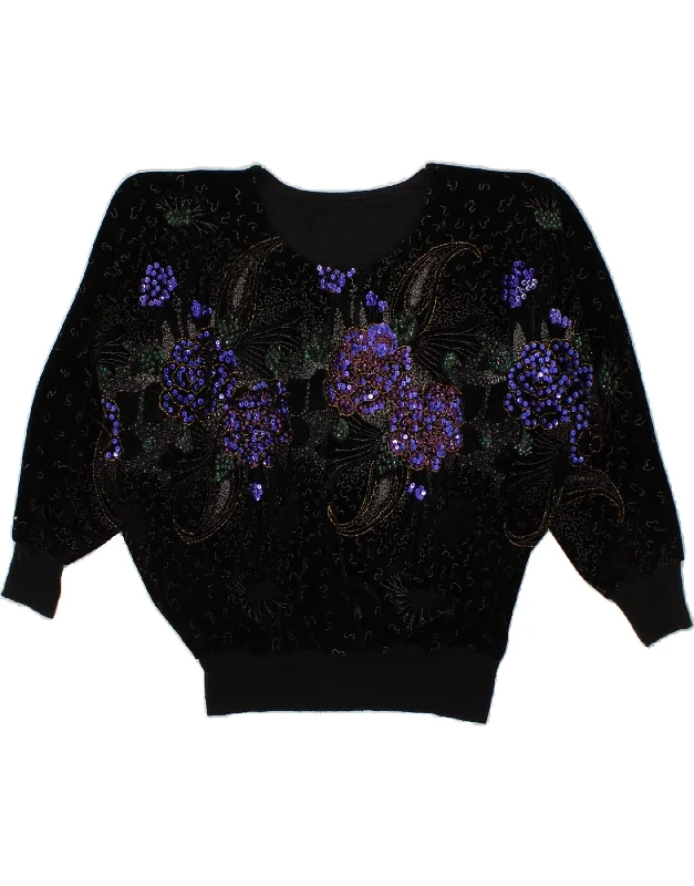 VINTAGE Womens Graphic Boat Neck Jumper Sweater UK 20 2XL Black Floral Machine Wash Dry Clean Hand Wash VINTAGE Womens Graphic Boat Neck Jumper Sweater UK 20 2XL Black Floral Machine Wash Dry Clean Hand Wash