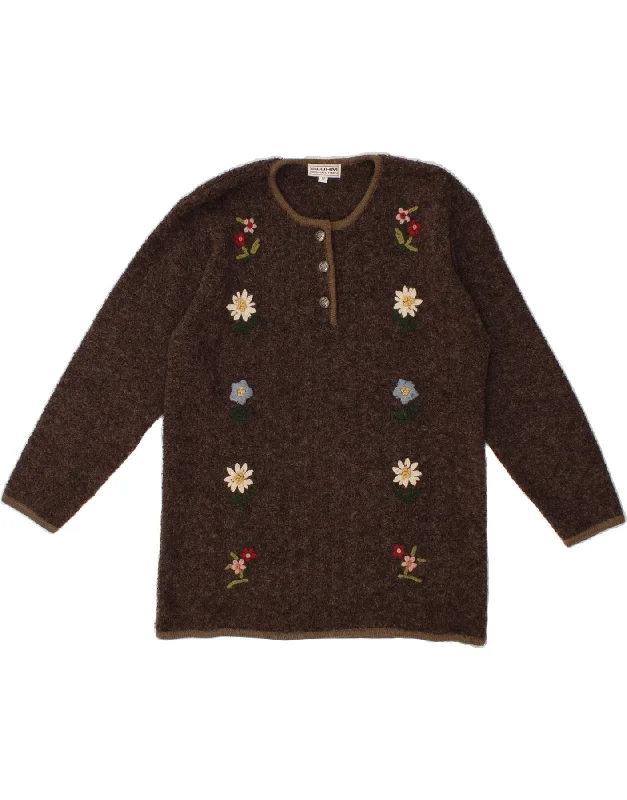 VINTAGE Womens Graphic Crew Neck Jumper Sweater UK 14 Medium Brown Floral Nylon Fabric Polyester Fabric Spandex Fabric VINTAGE Womens Graphic Crew Neck Jumper Sweater UK 14 Medium Brown Floral Nylon Fabric Polyester Fabric Spandex Fabric