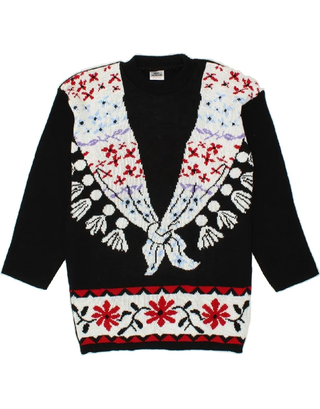 VINTAGE Womens Graphic Crew Neck Jumper Sweater UK 16 Large Black Floral Layered Multi-layer Single Layer VINTAGE Womens Graphic Crew Neck Jumper Sweater UK 16 Large Black Floral Layered Multi-layer Single Layer