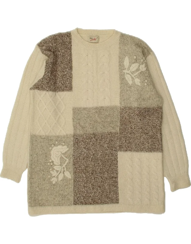 VINTAGE Womens Oversized Crew Neck Jumper Sweater UK 18 XL Beige Patchwork Lace Blend Ribbed Blend Corduroy Blend VINTAGE Womens Oversized Crew Neck Jumper Sweater UK 18 XL Beige Patchwork Lace Blend Ribbed Blend Corduroy Blend
