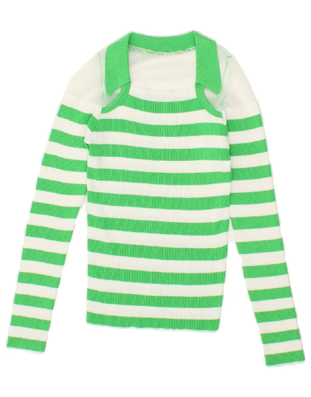VINTAGE Womens Polo Neck Jumper Sweater UK 4 XS Green Striped Viscose Oversized Loose Flowy VINTAGE Womens Polo Neck Jumper Sweater UK 4 XS Green Striped Viscose Oversized Loose Flowy