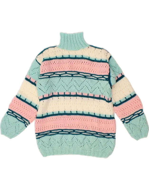 VINTAGE Womens Roll Neck Jumper Sweater UK 14 Medium Turquoise Colourblock Sweater Knitwear Pullover VINTAGE Womens Roll Neck Jumper Sweater UK 14 Medium Turquoise Colourblock Sweater Knitwear Pullover