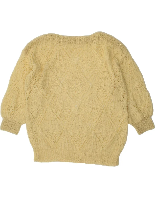VINTAGE Womens See Through Boat Neck Jumper Sweater UK 16 Large Yellow Chenille Blend Fleece Blend Nylon Blend VINTAGE Womens See Through Boat Neck Jumper Sweater UK 16 Large Yellow Chenille Blend Fleece Blend Nylon Blend